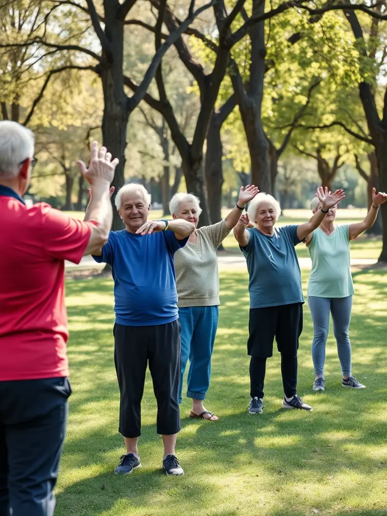 A group of seniors participating in a gentle fitness class led by an instructor from 40 ANS ASCL, emphasizing the importance of senior wellness and active aging.