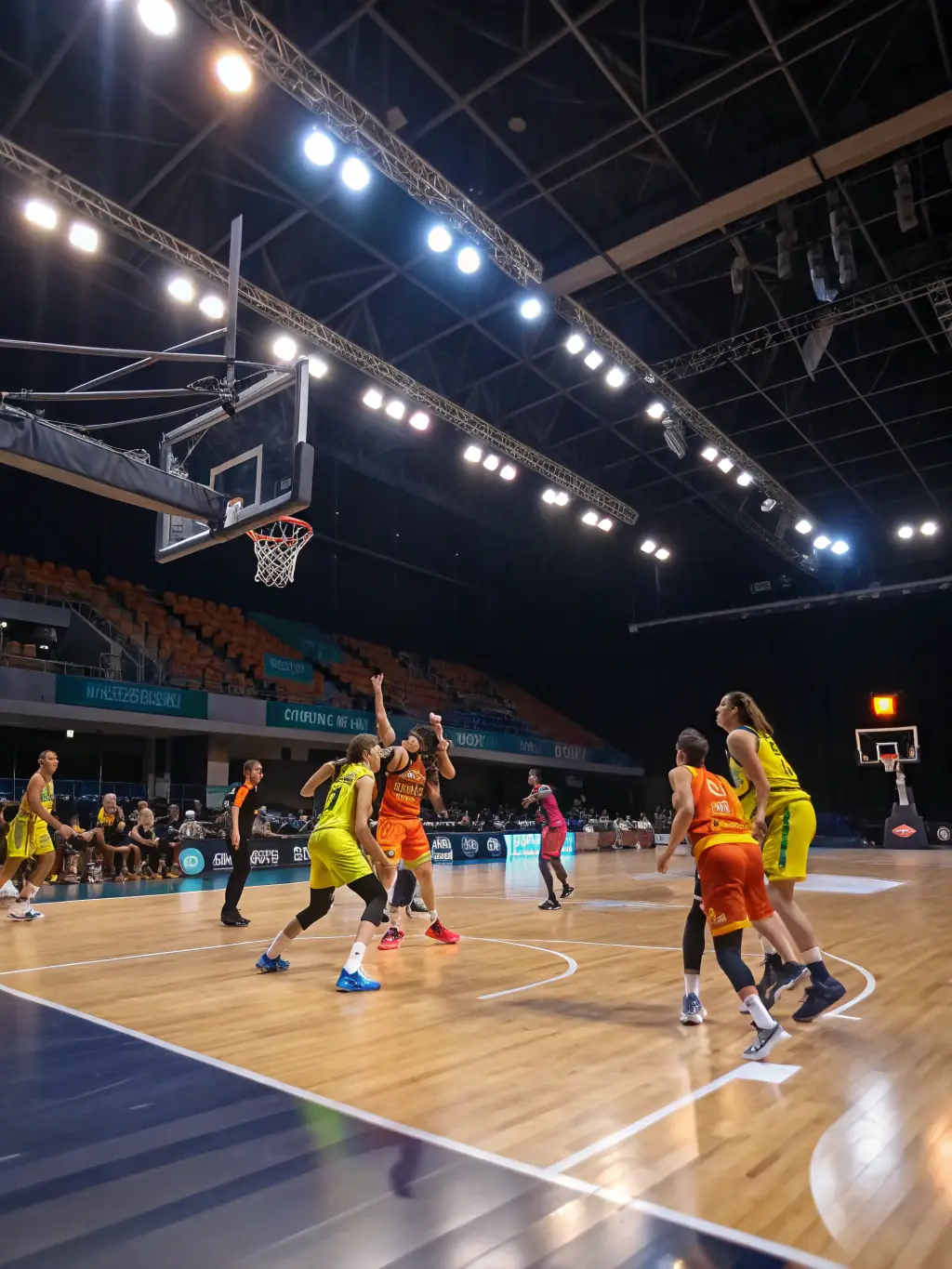 An action shot of adults playing basketball in a recreational league game organized by 40 ANS ASCL, highlighting the competitive spirit and camaraderie among participants.