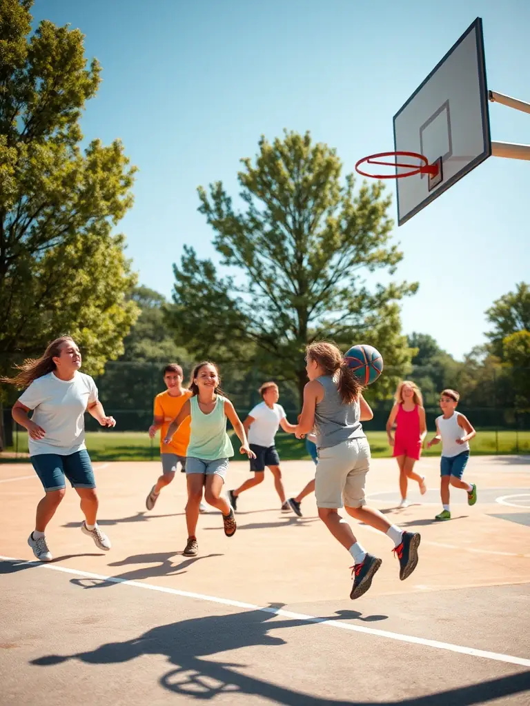 A dynamic shot of adults playing basketball in a 40 ANS ASCL-sponsored league, highlighting the competitive spirit and camaraderie.
