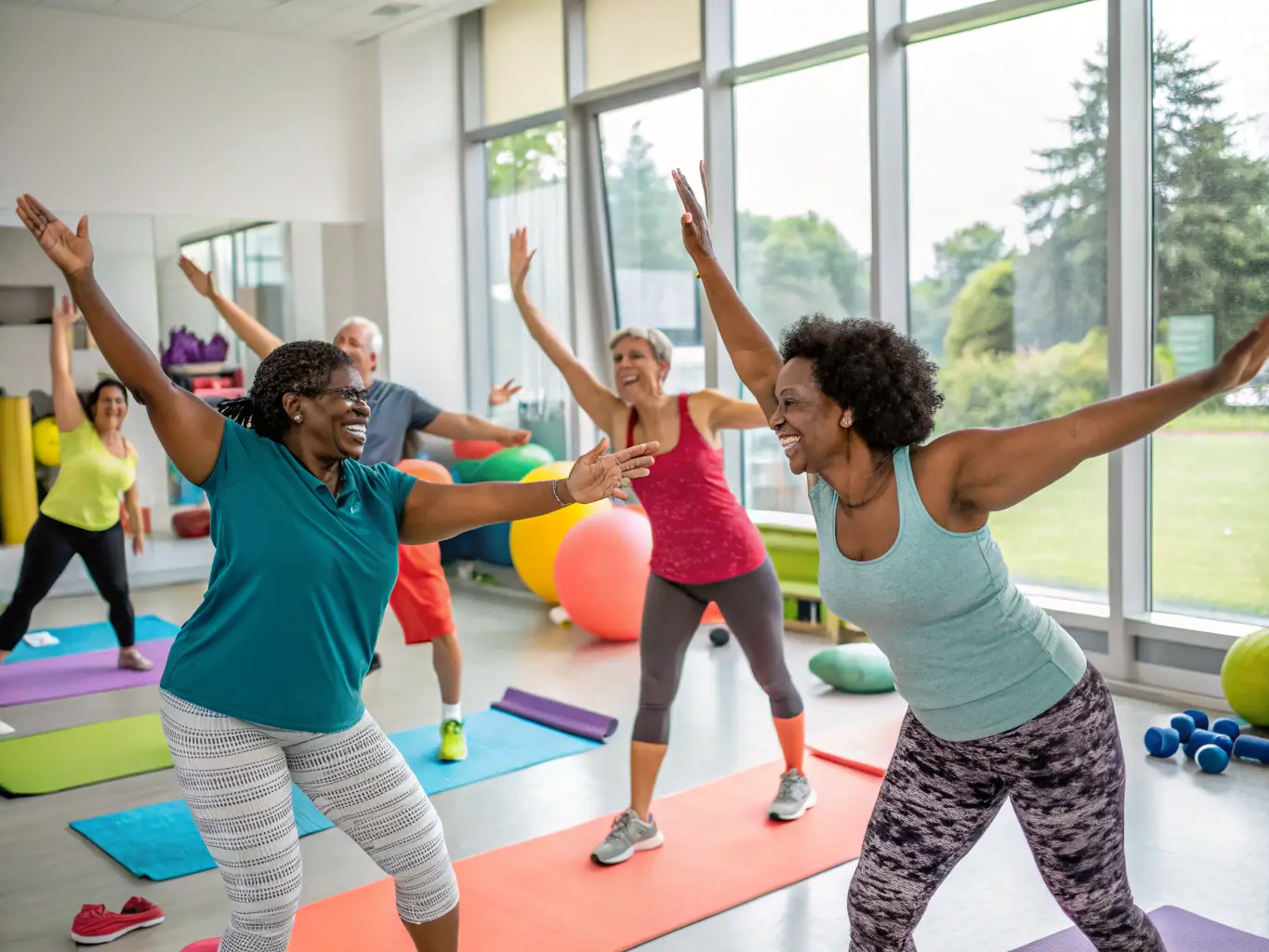 A diverse group of adults participating in a fitness class in a community gym, demonstrating the accessibility and inclusivity of the program.
