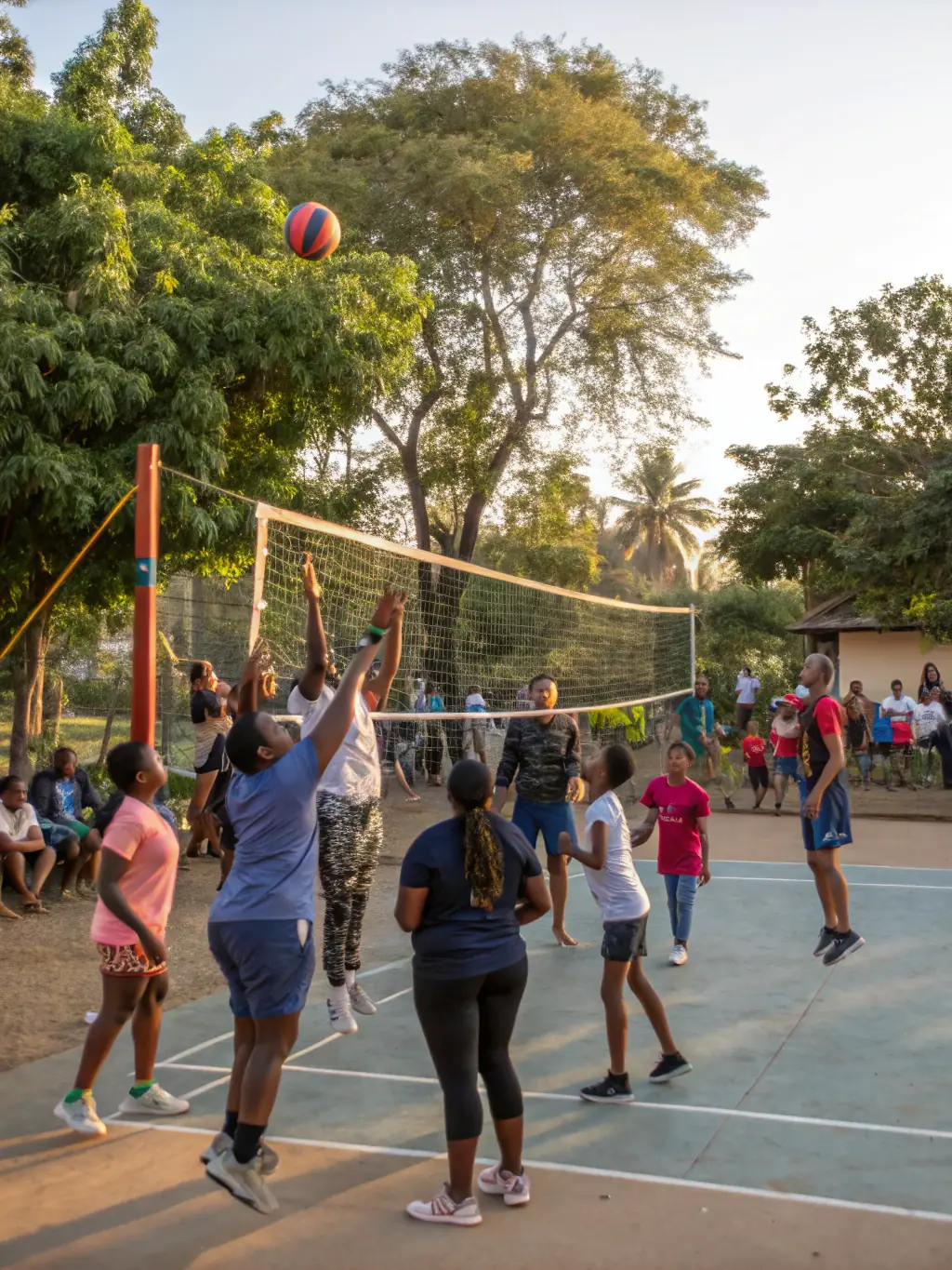 A diverse group of community members participating in a recreational volleyball game organized by 40 ANS ASCL, showcasing inclusivity and community engagement.