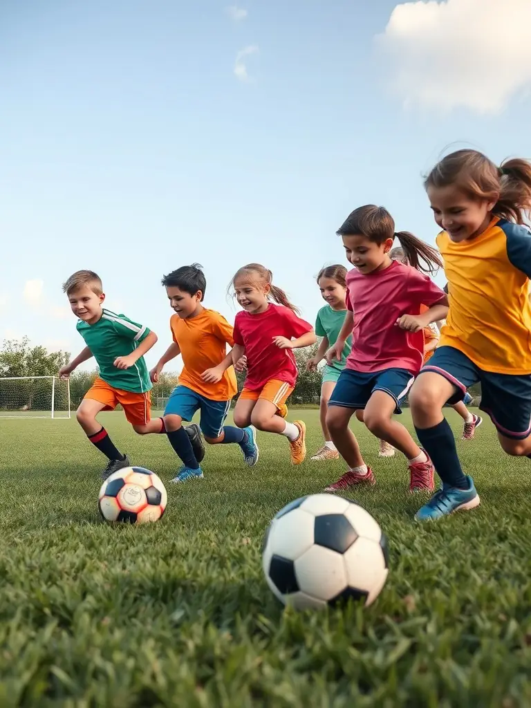 A vibrant image of children participating in a soccer clinic organized by 40 ANS ASCL, showcasing teamwork and active engagement.
