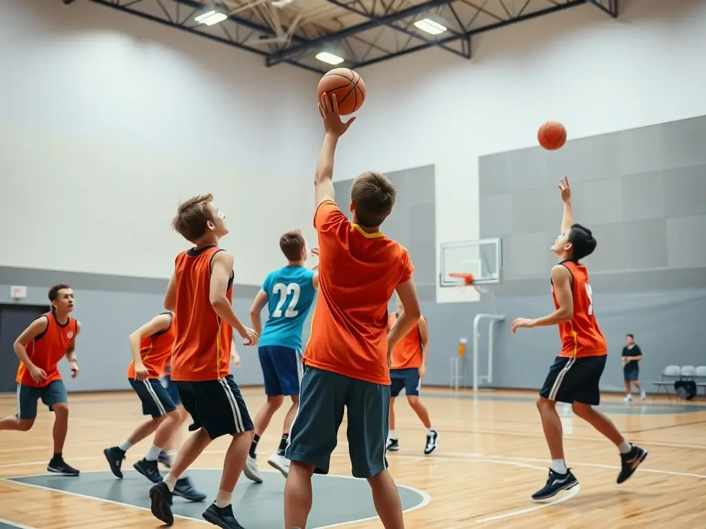 A dynamic shot of a diverse group of people participating in a basketball game at a local community center, emphasizing teamwork and active engagement.