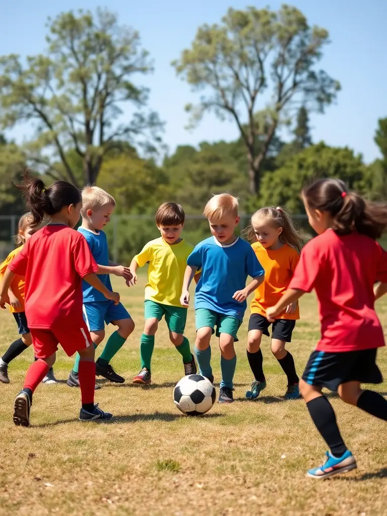 A vibrant image of children participating in a soccer clinic, showcasing teamwork and active engagement, set against the backdrop of the STADE DE JAUZAC.