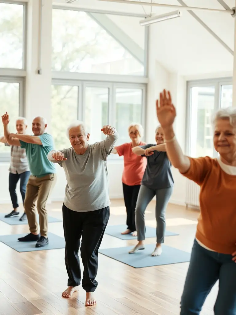 A group of seniors participating in a gentle fitness class, emphasizing the inclusivity and accessibility of 40 ANS ASCL's programs.