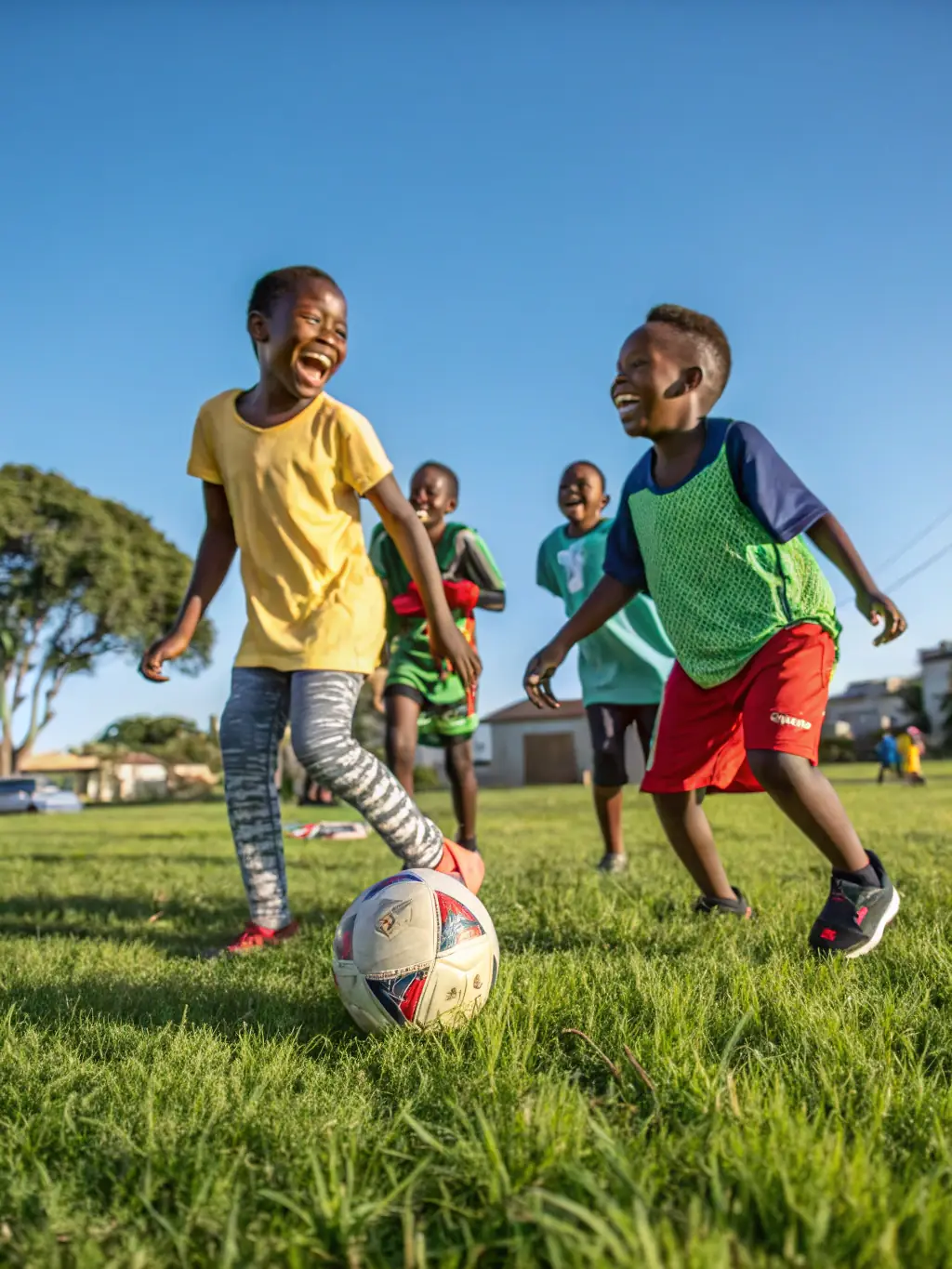 A vibrant photograph capturing children participating in a soccer clinic organized by 40 ANS ASCL, showcasing teamwork and active engagement on a sunny field.