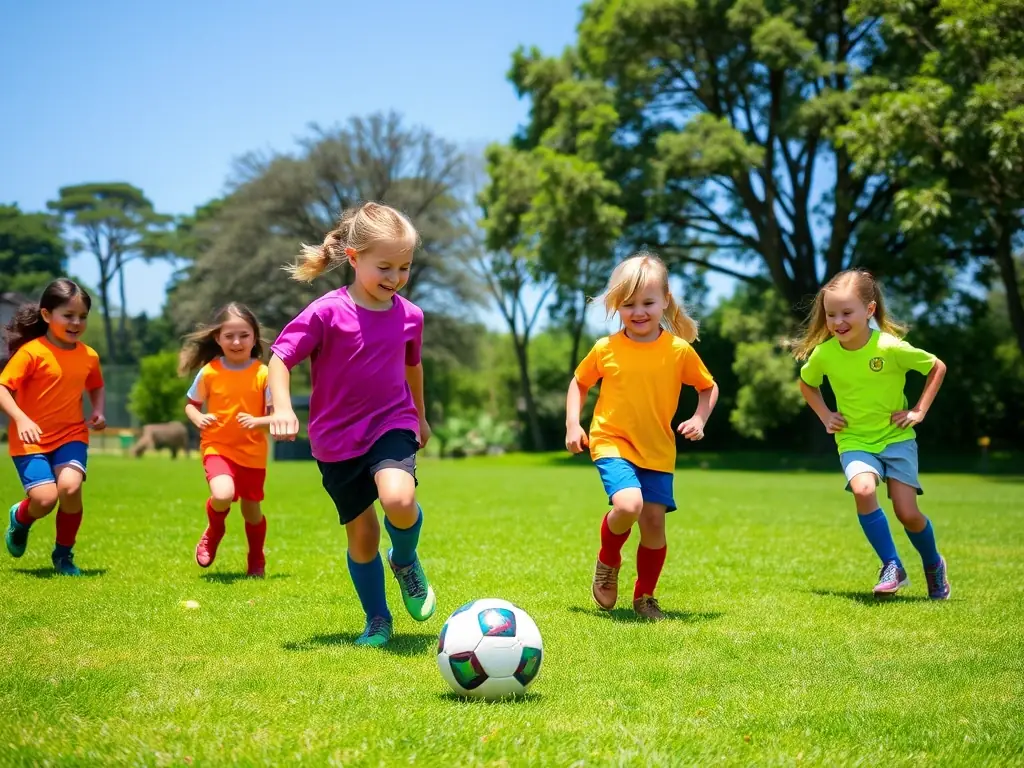 A group of children laughing and playing soccer on a well-maintained green field, showcasing the joy and inclusivity of the program.