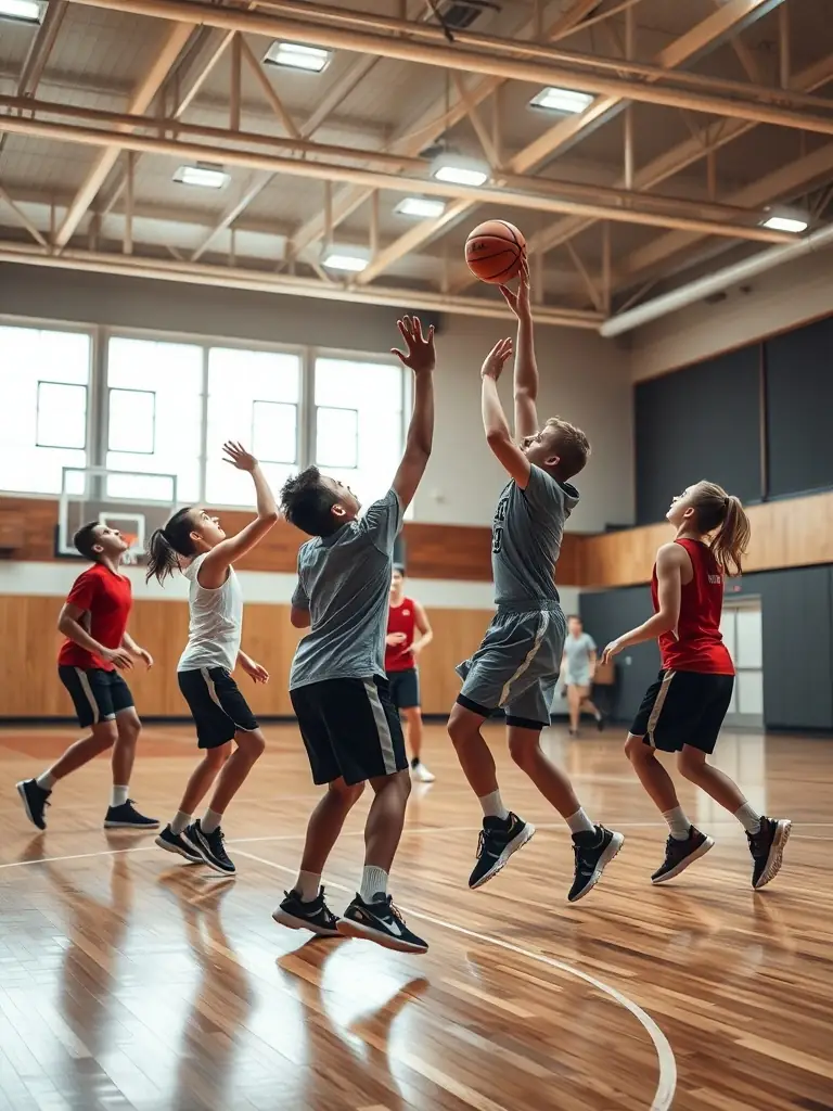 A dynamic shot of adults playing basketball in a well-lit indoor court, emphasizing fitness and community interaction.