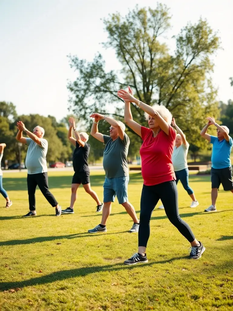 A group of seniors participating in a gentle fitness class outdoors, highlighting the inclusivity and health benefits of the program.